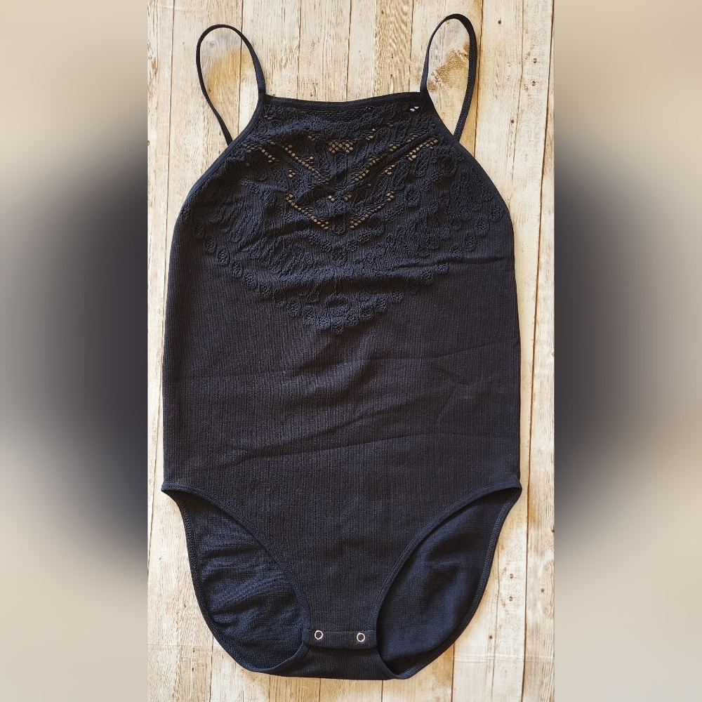 Intimately by Free People Solstice Lace Bodysuit  Ribbed Black M/L NWOT